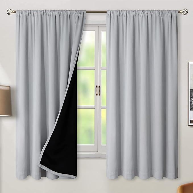 BGment Light Grey 100% Blackout Curtains 63 Inches Long with Reducing Noise Liner, Soundproof Curtains Rod Pocket Back Tab Room Darkening Window Curtain for Bedroom, 2 Panels, Each 52 x 63 Inch