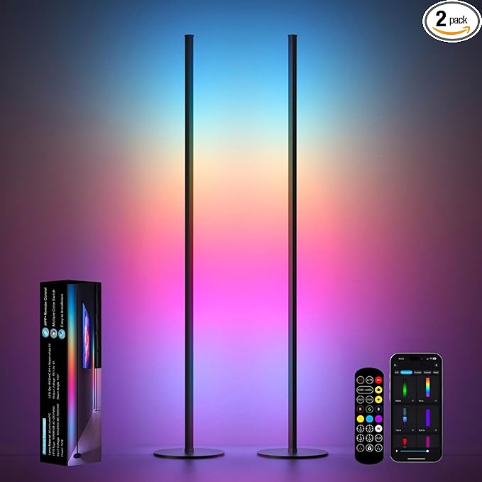 Corner Floor Lamp, RGB IC LED Corner Lamp, 16 Million DIY Color & Warm White, Music Sync and Timing Function, Color Changing Ambient Lights for Living Room, Bedroom, Gaming One Connected Pair