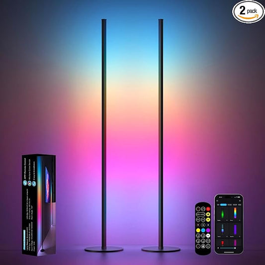 Corner Floor Lamp, RGB IC LED Corner Lamp, 16 Million DIY Color & Warm White, Music Sync and Timing Function, Color Changing Ambient Lights for Living Room, Bedroom, Gaming One Connected Pair