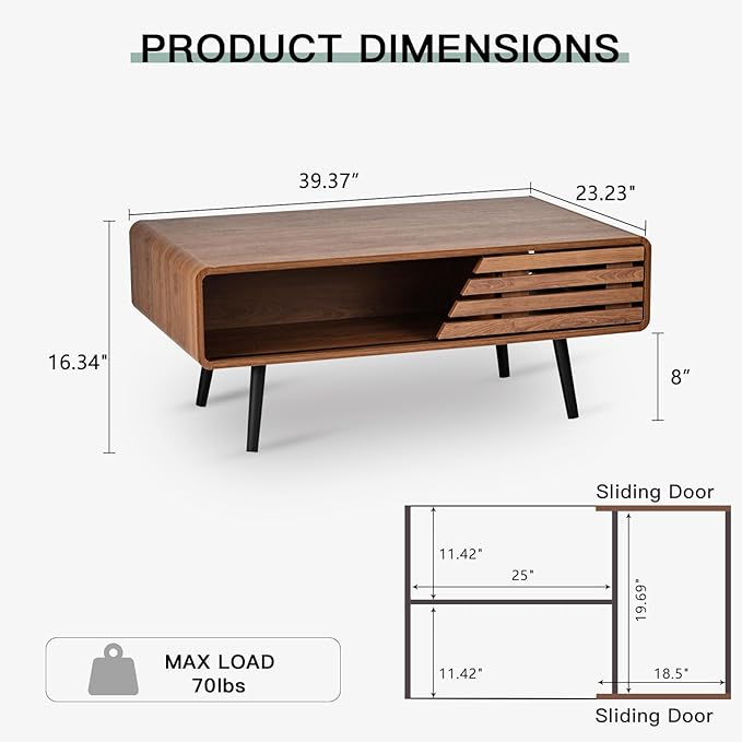 Mid Century Modern Coffee Table - Coffee Table for Living Room, 39.4" Fluted Design with Sliding Door Storage & Open Shelves, Wood Construction, Walnut