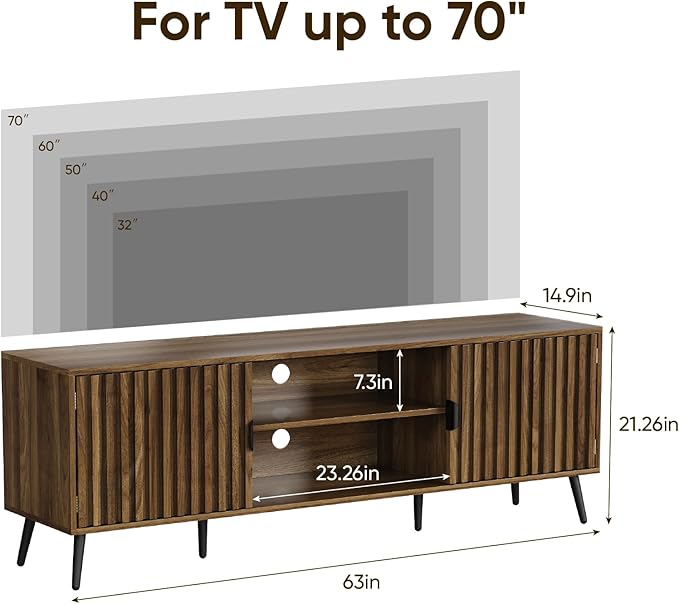 63" Walnut Fluted TV Stand with 2 Cabinets and Adjustable Shelf, Media Console Fits 30" to 70" TV for Living Room, Mid Century Modern Entertainment Center for Bedroom