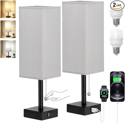 Bedside Table Lamps Set of 2 - Grey Bedroom Lamps with 3 Color Temperatures (3000K/5000K/4000K), Two Square Nightstand Lamps with USB C + A Charging Ports, Pull Chain Small Night Light for End Table