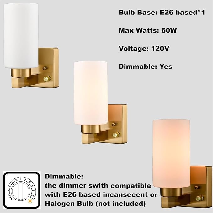 Modern Plug in Wall Sconce with Cord Brass Bathroom Vanity Light with Milky White Cylinder Glass Shade Set of 2