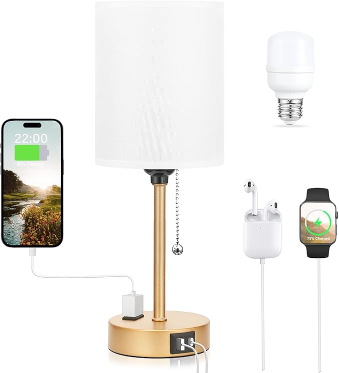 Dicoool Small Bedside Lamps 3 Color Modes - 2700K 3500K 5000K Bedroom Lamps with USB C and A Ports, Pull Chain Gold Table Lamps with AC Outlet, Nightstand Lamps with Gold Metal Base for Kids Reading