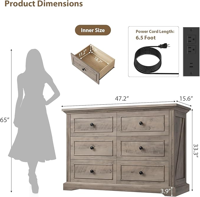 QUW Farmhouse 6 Drawer Dresser for Bedroom, 47" Wide Wood Chest of Drawers with Charging Station, Metal Handle, Modern Closet Clothes Storage Organizer for Living Room, Hallway, Entryway, Grey