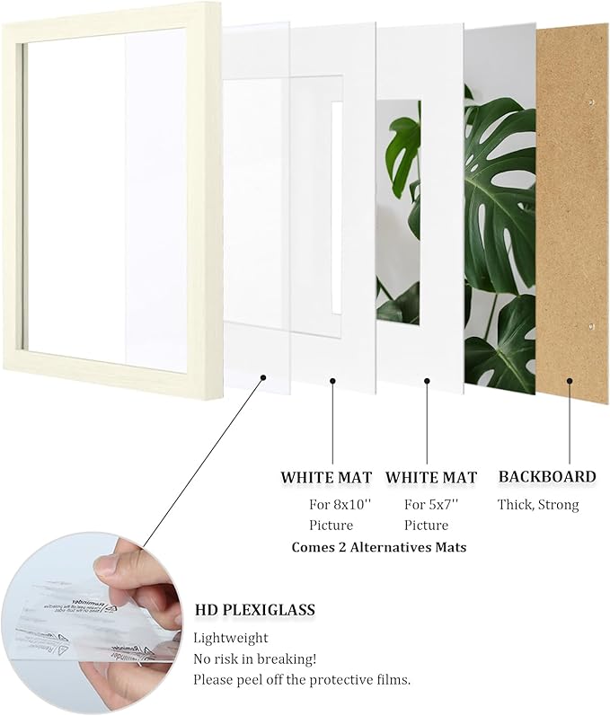 Egofine 11x14 Picture Frame Made of Solid Wood with Plexiglass, Display Pictures 5x7/8x10 with Mat or 11x14 Without Mat for Tabletop and Wall Mounting, Beige