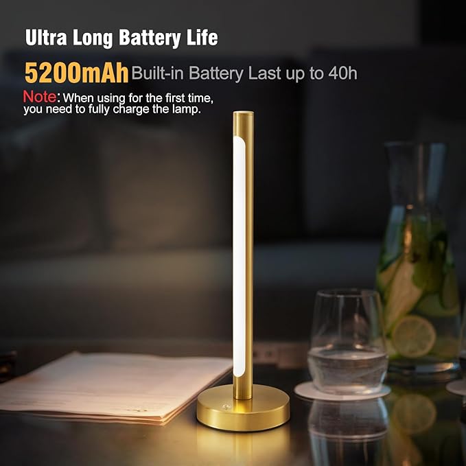 Gold Cordless Table Lamp, 5200mAh Rechargeable Battery Operated Lamp with 3-Levels Brightness, Touch LED Night Light Wireless Minimalist Design for Bedroom Camping Outdoor Patio,Brass