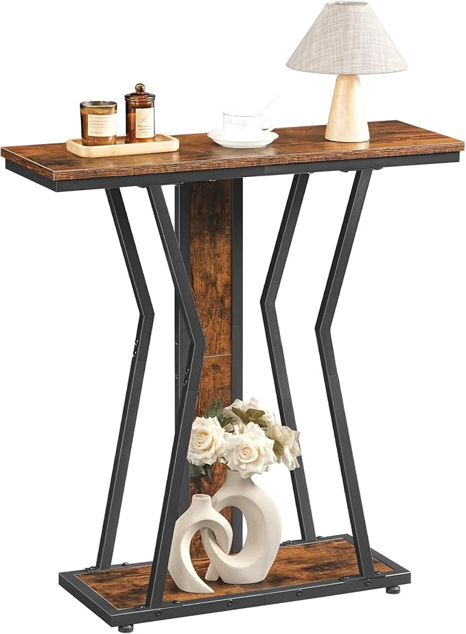 HOOBRO Narrow Console Table, 29.5" Small Entryway Table with Storage, 2-Tier Behind Sofa Table, Modern Style, for Living Room, Hallway, Foyer, Bedroom, Rustic Brown and Black BF66XG01