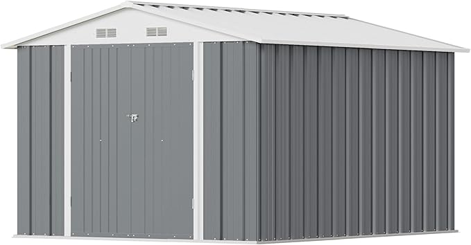 Greesum 8×10FT Outdoor Storage Shed, Metal Patio Storaged Sheds with Lockable Doors, Sheds & Outdoor Storage for Bike, Backyard, Pool and Garden, Gray