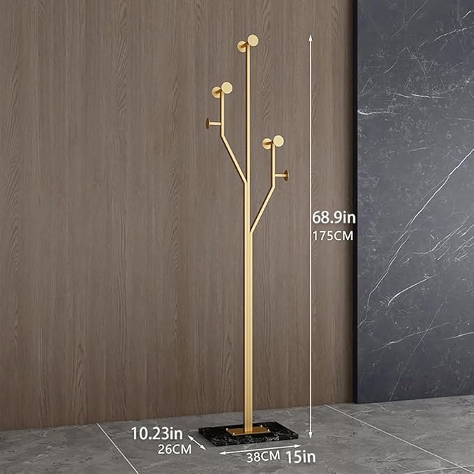 Gold Coat rack,Sturdy coat tree freestanding heavy duty with Marble Base,Metal standing coat rack for Bedroom,Entrance,Modern coat hanger stand for Coats,Hats,Bags(gold)