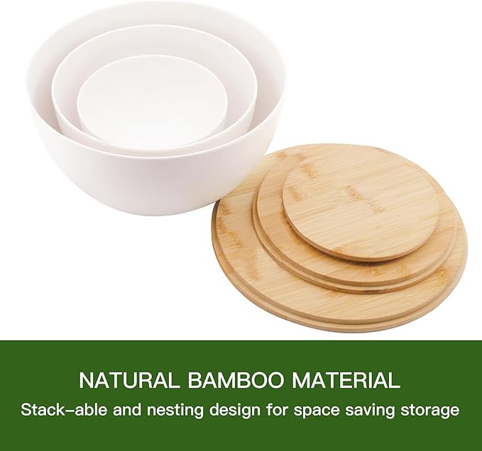 Salad Bowl Set of 3 with Bamboo Wooden Lids, Mixing Bowls Set, Nesting Bowls for Space Saving Storage, Made with Durable Eco-Friendly Bamboo Fiber, Great for Prepping and Serving Food, White
