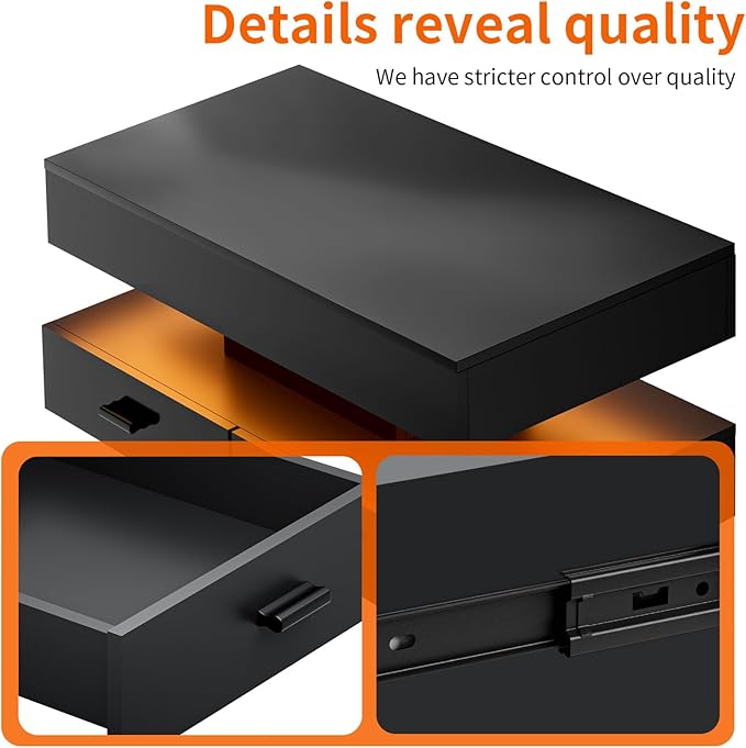 LED Coffee Table for Living Room,47.2" Large Living Room Table 2-Tier High Glossy Coffee Table with Storage,Rectangular Wooden Tea Tables for Home Office,Black