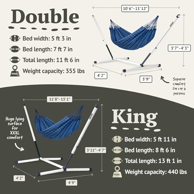 LA SIESTA® - Large Double Brisa Classic Hammock & Nautico Steel Stand - Weather & Tear Resistant Portable Hammock w/Stand - Balcony Porch Garden Outdoor Indoor Hammock - 2-Person Max 355 Lbs, Marine
