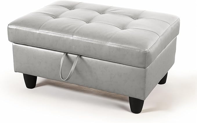 Ottoman Rectangular Storage Ottoman Bench, Faux Leather Footrest, Coffee Table, Stool Footstool with Hinged Lid for Living Room, Bedroom, Entryway, Silver, 35"x23.5"x17.5"