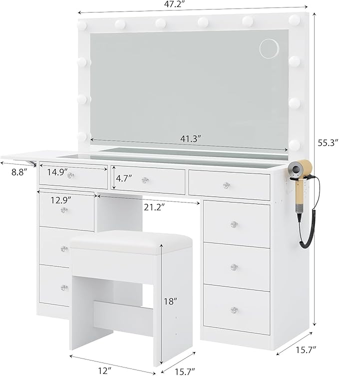 Vanity Desk with Power Outlet, 9 Drawers Makeup Vanity with Mirror and 12 LED Lights, 3 Lighting Modes, Glass Top Vanity Set, Fold-up Panel, Dressing Table for Bedroom