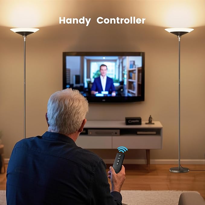 Torchiere Floor Lamp - 72" Tall LED Standing Lamp with Remote/Button Control, 1800Lm, 3000-6500K, 30W Dimmable Modern Corner Floor Light for Living Room Bedroom Office Apartment, Black