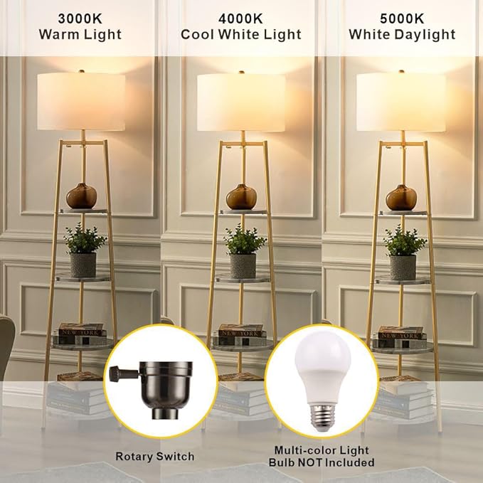 Floor Lamp, Standing Reading Light with Shelves and Fabric Shade, Modern Tall Pole Lamp, Accent Furniture Décor Lighting for Living Room, Bedrooms (Gold, 4-Tier)