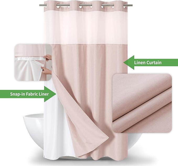 Stall No Hooks Needed Linen Textured Shower Curtain with Snap-in Fabric Liner Set,Hotel Luxury Decor Farmhouse Shower Curtains for Bathroom,Waterproof & Washable,54Wx80H,Blush