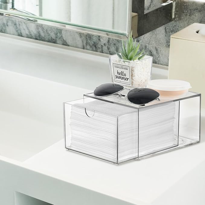 2 Pack Disposable Face Towel Holder, Plastic Face Towels Storage Box with Drawer, Stackable Organizer for Clean Skin Club Face XL Towels, Towel Containers, Skincare Oragnizer for Vanity Organization