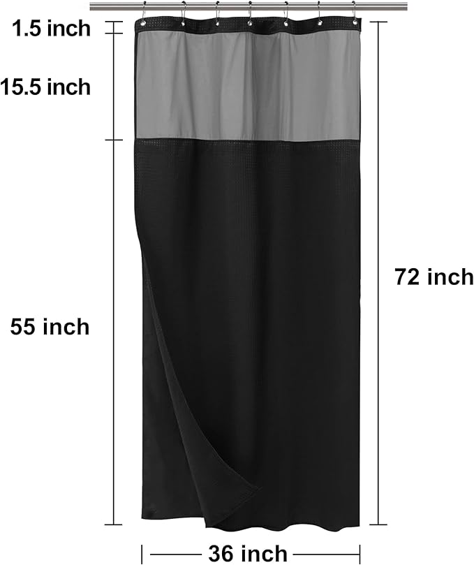 N&Y HOME Stall Waffle Weave Shower Curtain with Snap-in Fabric Liner & Hooks Set - 36" x 72" Small Shower Stall Size, Hotel Style & Mesh Top Window, Machine Washable - 36x72, Black