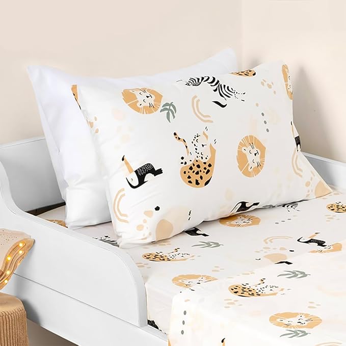 Salt Earth 100% Cotton 210TC Kids Bedsheet, Twin Sheet Set, Toddler Bed, 4-Piece Set – 2 Fitted Sheets & 2 Pillowcases, Themed Toddler Bed Sheets, Cute Kids Bedding (Jungle Safari/Tractor)