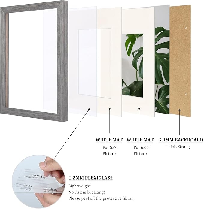 Egofine A4 Picture Frame Made of Solid Wood with Plexiglass, Display Pictures 4x6/6x8 with Mat or A4 Without Mat for Tabletop and Wall Mounting, Oak Grey