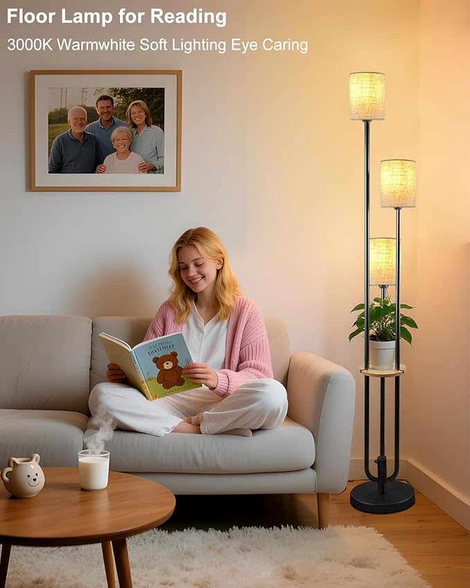 Lightdot 64Inch Floor Lamp with Table Dimmable Floor Lamp for Living Room 3000K Mid Century Modern Black Tall Standing Lamp with Shelf Candle Holder Style for Bedroom Corner(Bulbs Included)