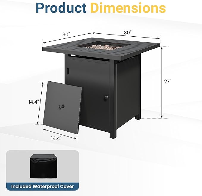 FansaFurn 30'' Propane Fire Pit Table, 50000 BTU Gas Fire Pits Table with Removable Lid and Lava Rock, Square Fire Table with Cover, Ideal for Dining or Party on Patio, Garden, Yard, Black