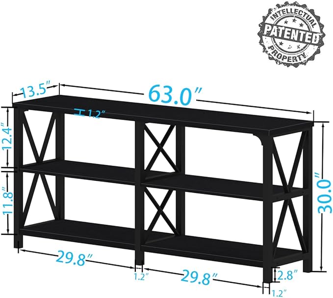 IBF Black Console Table, Modern Industrial Sofa Table with 3 Tier Storage Shelves, Farmhouse Wooden Metal Entryway Table for Living Room, Hallway, or Foyer, Black Oak, 63 Inch
