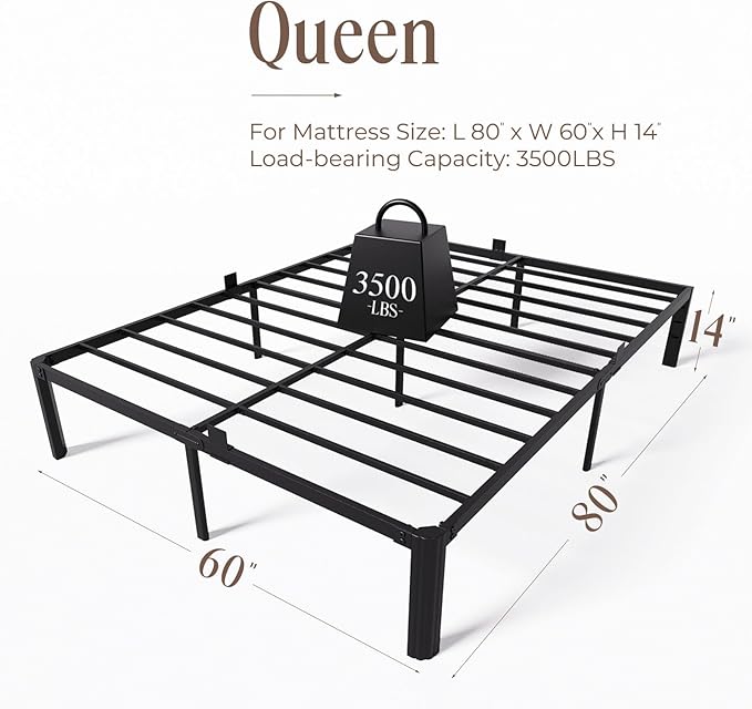 14 Inch Metal Bed Frame Queen Size, Heavy Duty Balck Platform Queen Size Bed Frame with Round Corner Legs, Mattress Slide Stopper, No Box Spring Needed, Easy Assembly