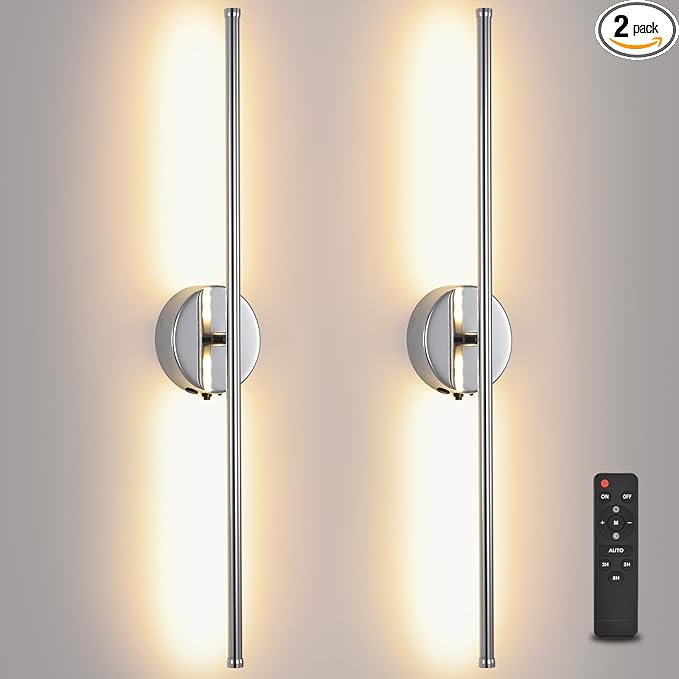 Battery Operated Wall Sconce Set of 2, Chrome 27.5" LED USB Rechargeable dimmable Wall Sconce with Remote Control, Rotate 350° for Living Room, Bedroom, Hallway and scones Lighting