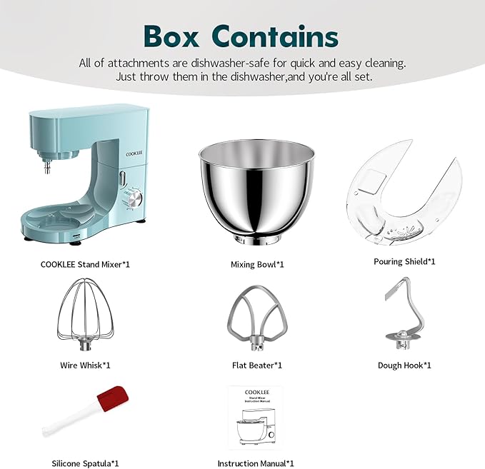 COOKLEE Stand Mixer, 9.5 Qt. 660W 10-Speed Electric Kitchen Mixer with Dishwasher-Safe Dough Hooks, Flat Beaters, Wire Whip & Pouring Shield Attachments for Most Home Cooks, Blue