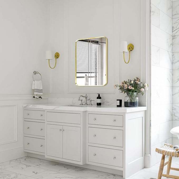 Wall Mount Mirror for Bathroom, Brushed Gold Metal Framed Rounded Corner Rectangular Vanity Mirror (18" x 24", Gold)