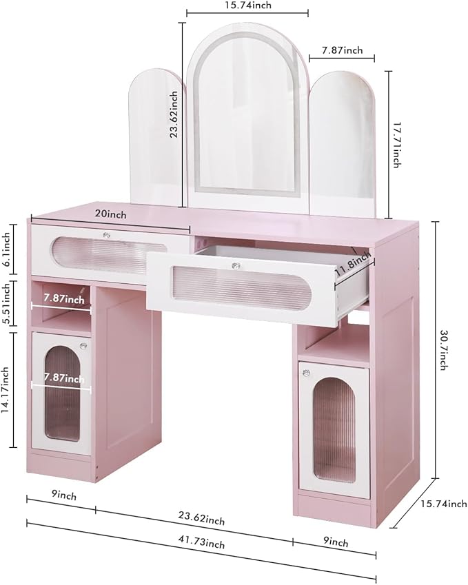 Vanity Desk with Arched Tri-Fold Mirror, Dimmable Vanity Table, LED RGB Makeup Vanity with 2 Drawers, 2 Open Storage Area & 2 Cabinets, Gifts for Girls/Women, Dressing Table (Pink)