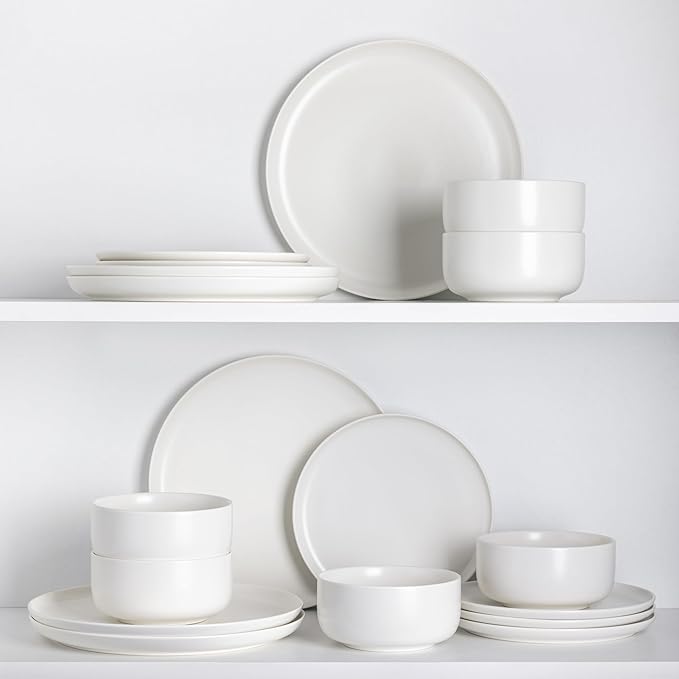 LERATIO Stoneware Dinnerware Sets for 6,Handcarft Ceramic Plates and Bowls Sets,Chip and Scratch Resistant Dishes, Dishwasher & Microwave Safe, Oven safe,Reactive Glaze-White