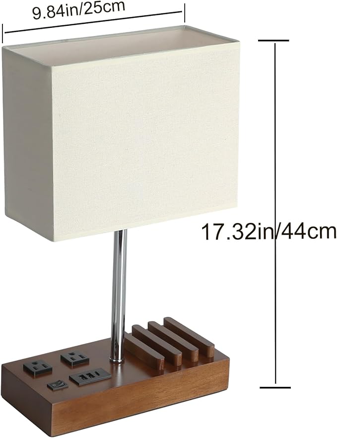 Briever USB Table Lamp, Multi-Functional Bedside Desk Lamp with 2 AC Outlets, 3 USB Charging Ports and Wooden Phone Stands, Modern Nightstand Lamp for Bedroom, Guest Room, Office