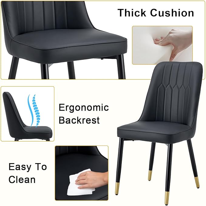 42"-54" Extendable Dining Table Set for 4, Round Dining Table Set for 4, 0.73" Thick Wood Tabletop with Smooth Edge, Black Metal Leg with Non-Slip Footmat, 4 Soft PU Chairs, for Kitchen, Small Space