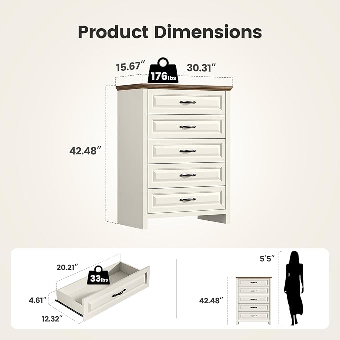 Amada 5 Drawer Dresser for Bedroom with Wood Drawers, Supports up to 22 lbs per Drawer, Anti-Tip Design for Safety, 5 Farmhouse Dresser Drawer Unit for Bedroom, Hallway, Brown and White