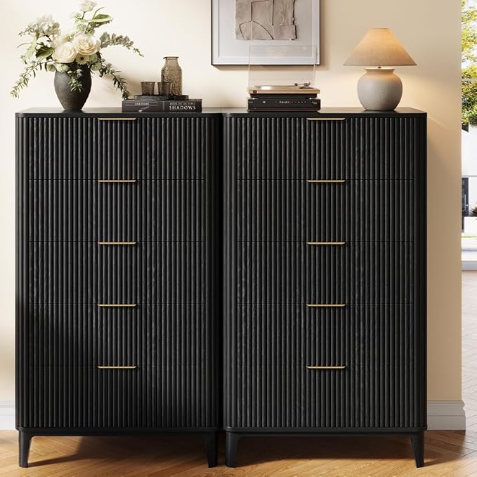 Fluted Dresser for Bedroom with 5 Drawers Set of 2, 45" Large Closet Clothes Wood Tall Dresser Storage Organizer, Mid Century Modern Chest of Drawers with Deep Storage Black