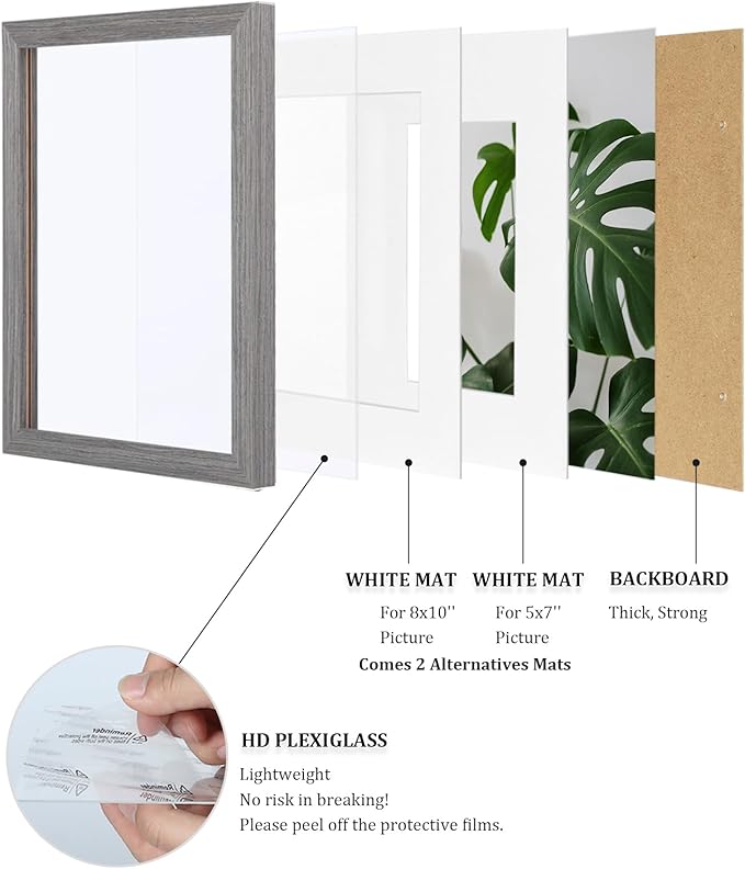 Egofine 11x14 Picture Frame Made of Solid Wood with Plexiglass, Display Pictures 5x7/8x10 with Mat or 11x14 Without Mat for Tabletop and Wall Mounting, Oak Grey