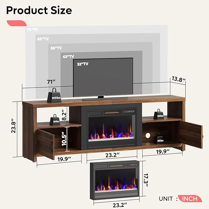 Bestier 70" Electric Fireplace TV Stand for TVs Up to 75", Modern Entertainment Center with Storage Cabinets, LED Lights, Open Shelves and Cable Holes for Living Room, Dark Walnut