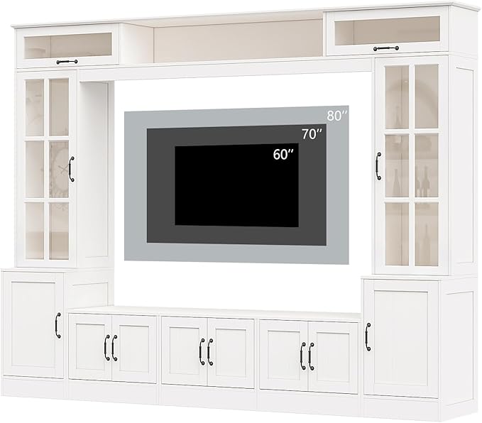 AMERLIFE 98" W Wall Unit TV Stand with Storage for TVs up to 80", Modern TV Console with LED Lights, Entertainment Center with Bookshelves for Living Room, White