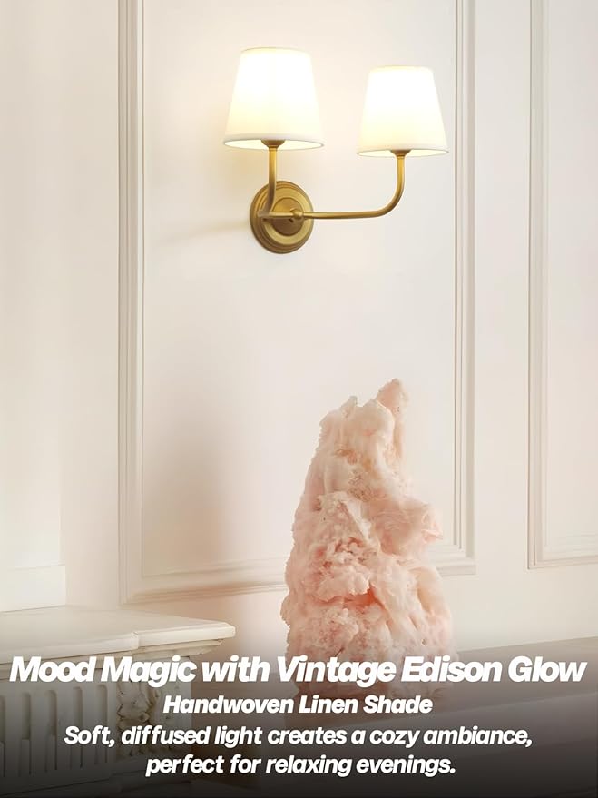 Vintage 2-Lights Fabric Wall Sconce with White Cloth Shade, Double Arm Wall Lamp Fixture for Bathroom Bedroom Living Room Hallway