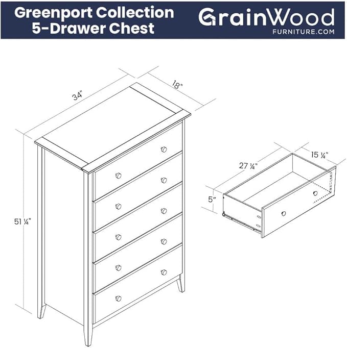 Grain Wood Furniture Greenport 5-Drawer Chest, Solid Wood with Brushed Grey Finish