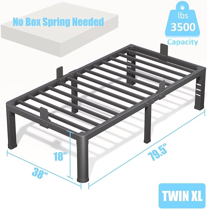 FUIOBYVV 18 Inch Twin XL Bed Frame with Rounded Corner and Headboard Hole Mattress Retainers 3500 LBS Metal Heavy Duty Steel Slats Support No Box Spring Needed Platform Noise Free Easy Assembly