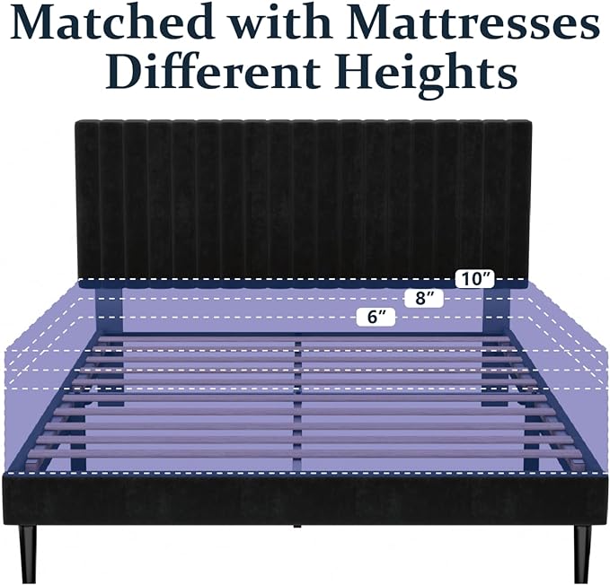 Queen Size Platform Bed Frame with Velvet Upholstered Headboard, Queen Bed Frame with Strong Wood Slats, Box Spring Optional, Mattress Foundation, Easy Assembly Black