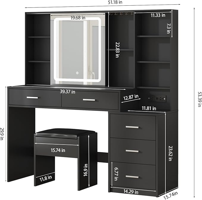 Fameill Vanity Desk with Mirror and Lights, Makeup Vanity with 5 Drawers, Makeup Desk with Charging Station and Ample Storage, Dressing Table with Chair for Bedroom Room (Black)