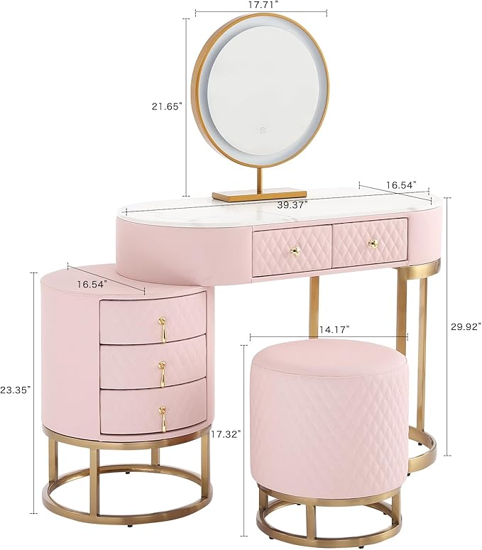Faux Leather Makeup Vanity Desk Set with LED Lighted Mirror Luxury Dressing Makeup Table with Storage Drawers & Vanity Stool, Pink
