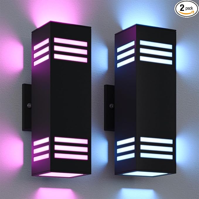 Smart Outdoor Sconce Lights 2 Pack, Up Down Wall Porch Lights RGB Color Changing WiFi APP Control, Dimmable LED Exterior Wall Lighting Fixtures Work with Alexa,No Hub Required,ETL Listed