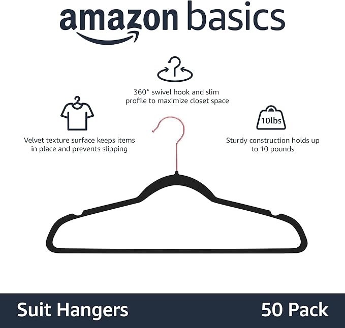 Amazon Basics Slim, Velvet, Non-Slip Suit Clothes Hangers, Black/Rose Gold - Pack of 50